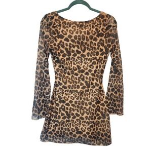 Leopard Mesh Low Back Mini Dress Long Sleeve Brown Tan Animal Print Womens S